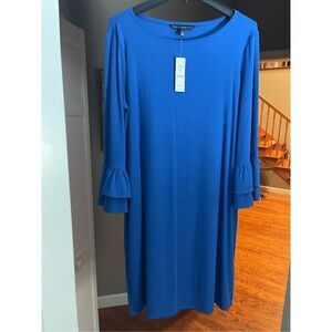 NWT White House Black Market bell-sleeve dress, blue, women’s large. 90% rayon